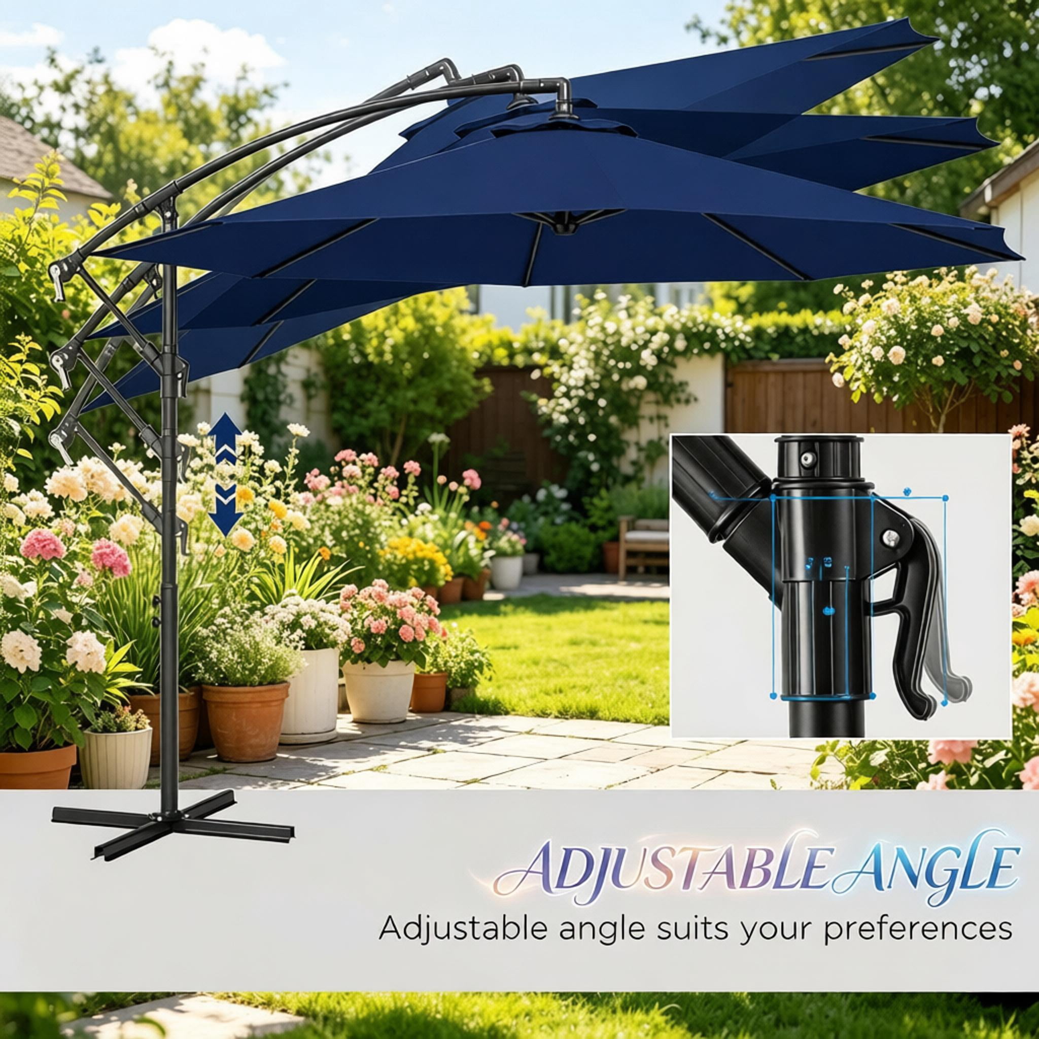 10ft Navy Blue Offset Cantilever Patio Umbrella, Crank Adjustable Tilt Outdoor Sun Shade, UV Waterproof Steel Frame with Stable Cross Base for Garden Backyard