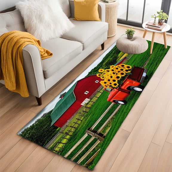 Rectangle Area Rug 2x6ft, Farm Sunflower on Red Truck Non-Shedding Washable Area Rug, Watercolor Barn Field Non Slip Low-Profile Rugs for Living Room, Bedroom Dining Room