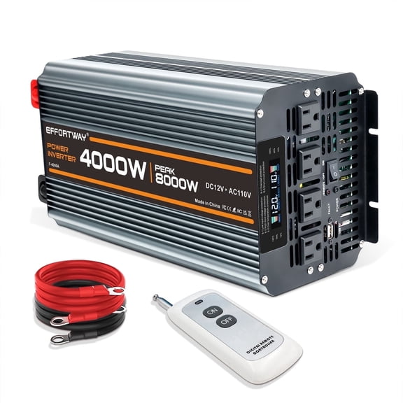 EFFORTWAY 4000W 8000W Power Inverter DC 12V to AC 110V Modified Sine Wave Inverter, LCD Display, Remote Control,4AC 1USB for Vehicles,Outdoor Travel,Home Backup