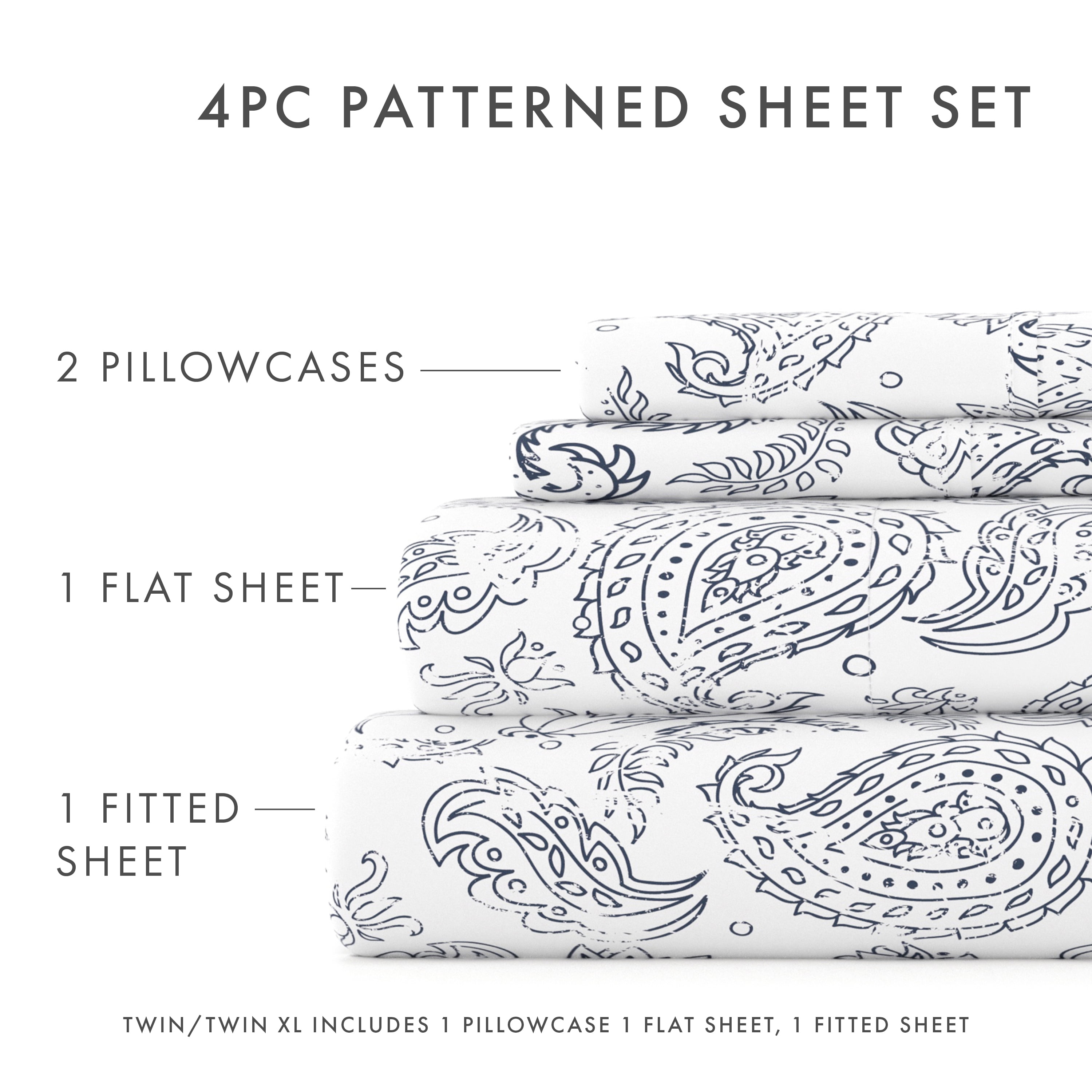 Noble Linens 4 Piece Pattern Microfiber Bed Sheets Set, Coarse Paisley, California King