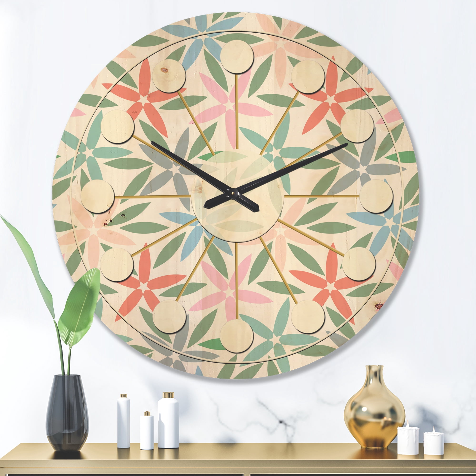 Designart 'Abstract Retro Flower Design III' Mid-Century Modern Wood Wall Clock
