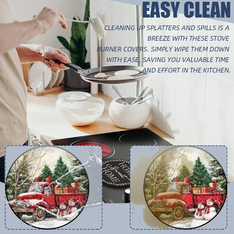 4 Pcs Christmas Gas Stove Burner Cap Set, Red Truck Presents Christmas Snowman Tree Durable Round Gas Stove Burner Covers Set of 4 for Kitchen Xmas Decor, 8 Inches and 10 Inches