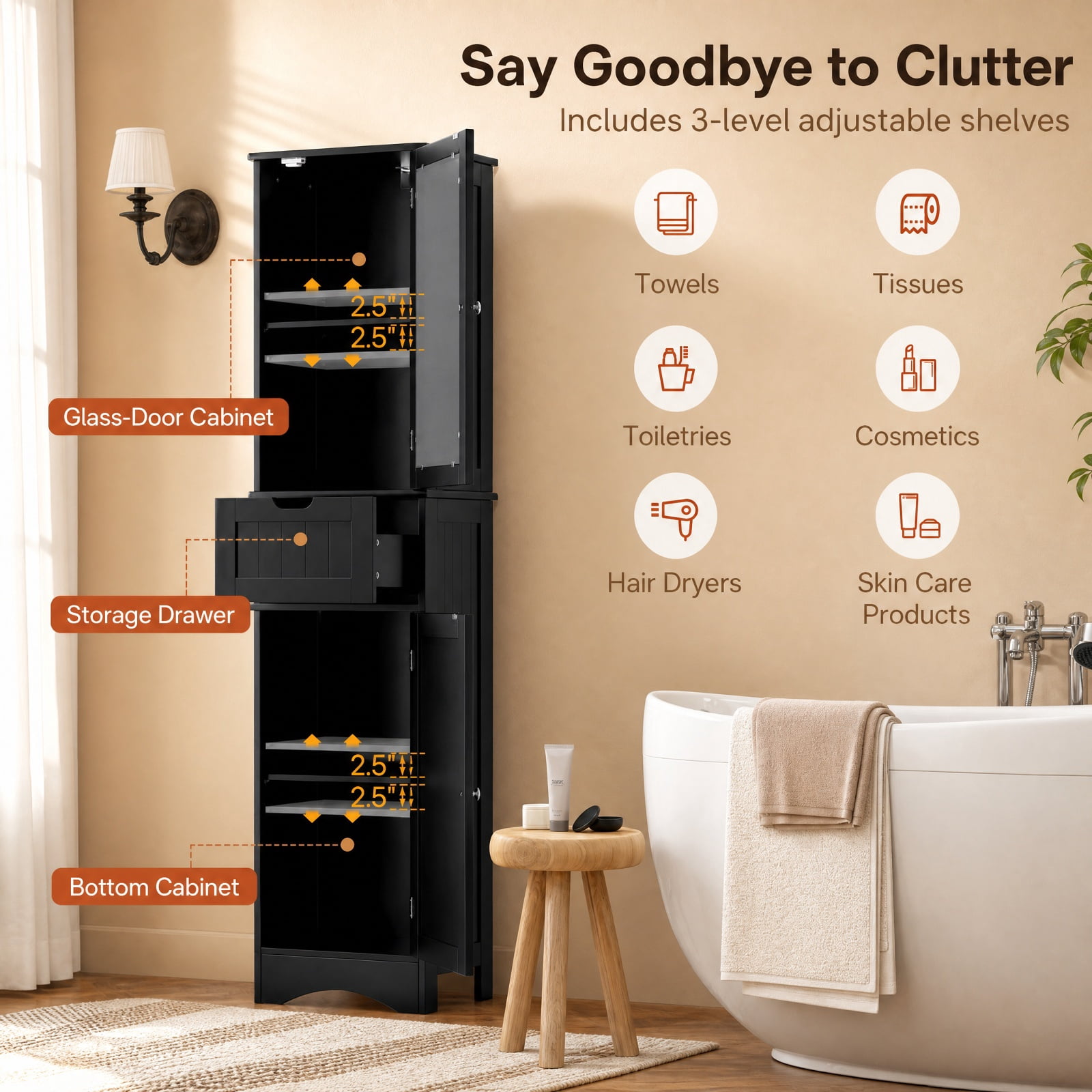 Vebreda Freestanding Bathroom Storage Cabinet, Tall Floor Storage Cabinet with 2 Doors and 1 Drawer for Bathroom, Fit Anywhere You Need