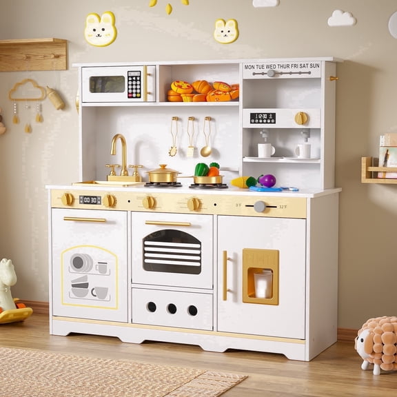 Reasea Play Kitchen Set for Kids, Wooden Kids Kitchen Playset with Realistic Lights & Sounds, Toy Kitchen Set with Smart Storage & Fun Accessories, Gift for Ages 3 , White & Gold