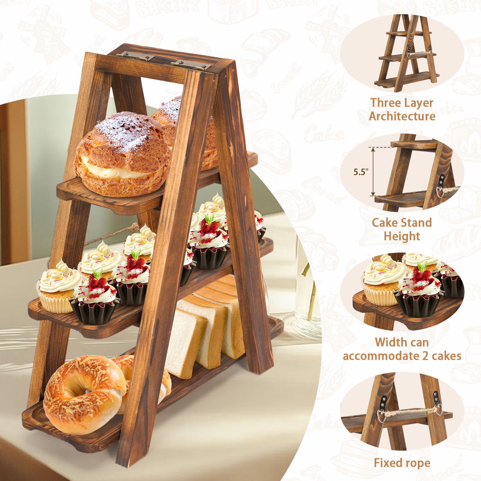 Gomok 3 Tier Serving Tray Wooden Cupcake Stand Rustic Foldable Dessert Table Display Set with Detachable Serving Platters