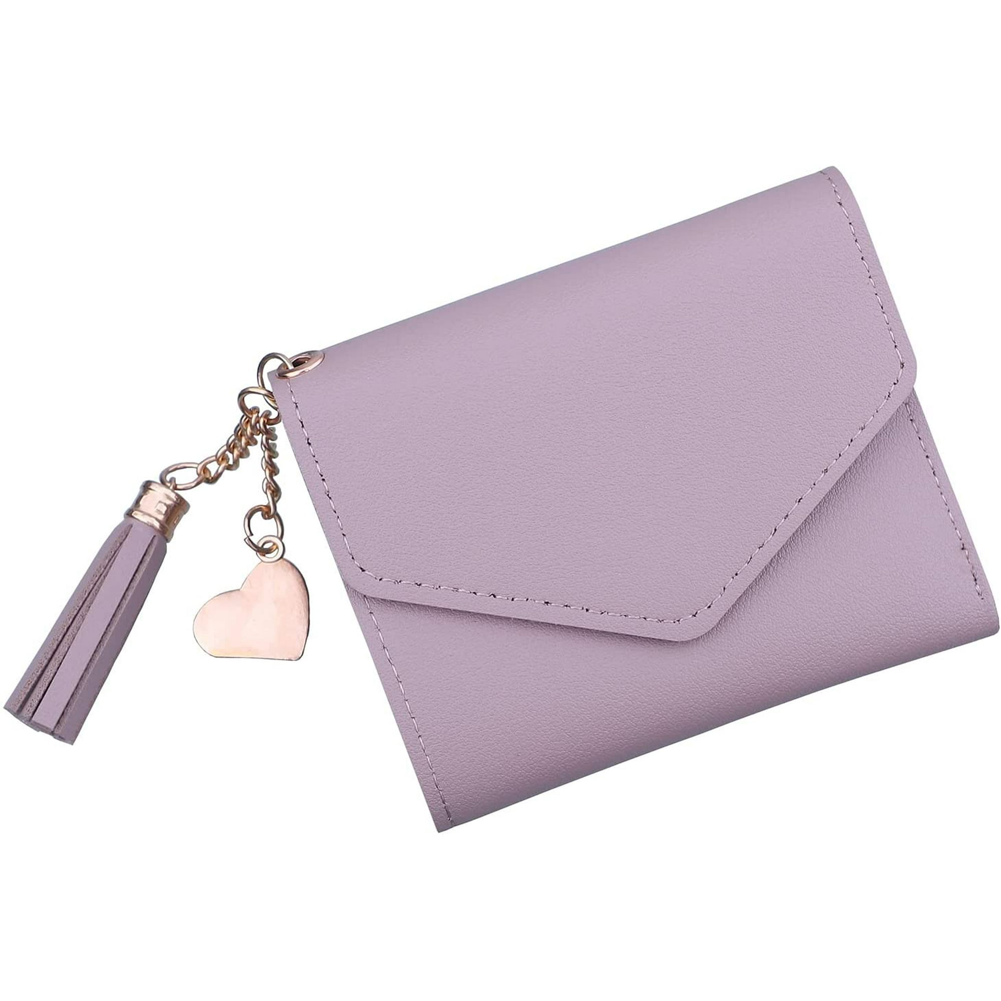 Small Compact Wallet for Women with ID Window Card Holder Minimalist Ladies Mini Purse Fold Over Womens Girls Slim Wallets with Tassel Lilac Purple