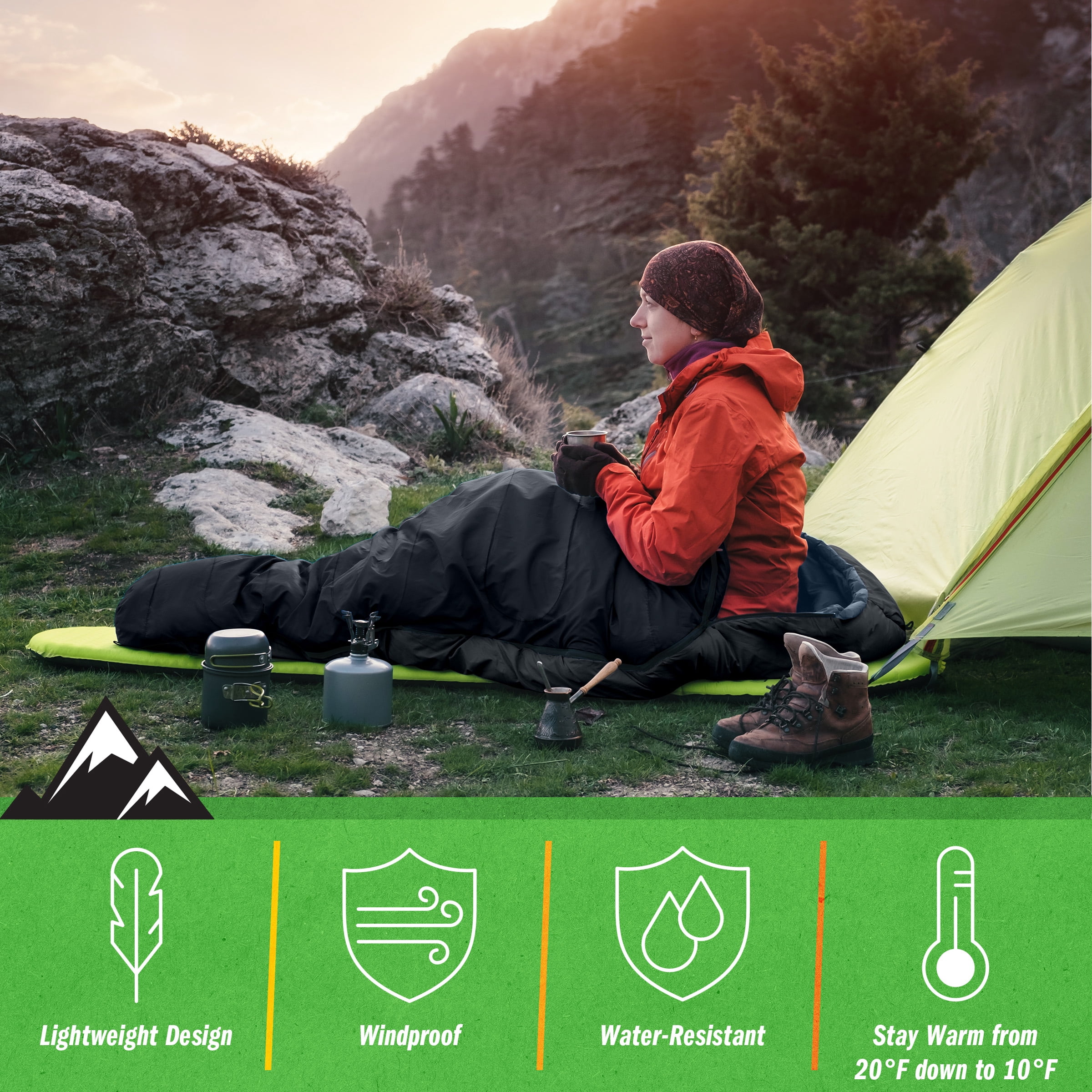 Wakeman Outdoors Cold Weather Mummy Sleeping Bag Rated to 25°F, Black