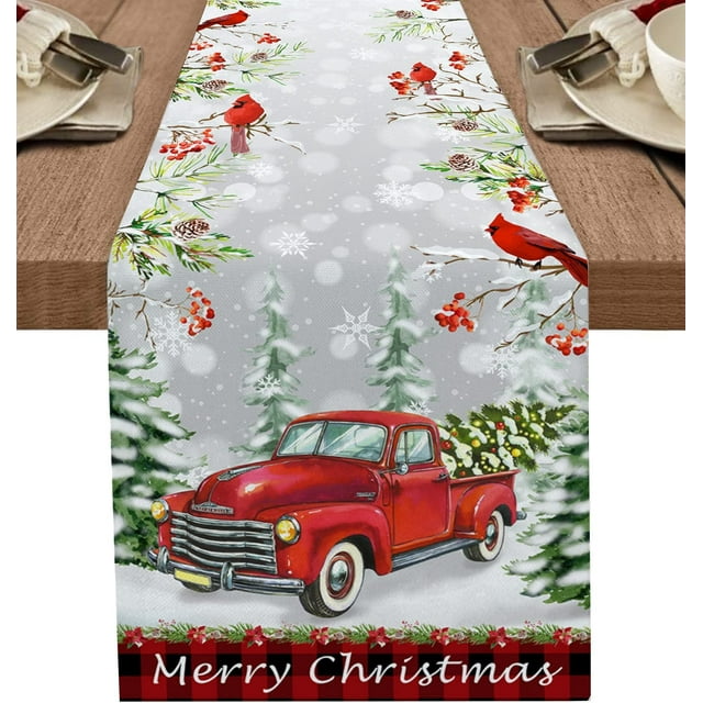 Merry Christmas Red Truck Table Runner 70 Inches Long, Rustic Xmas Truck Cardinalis Snow Landscape Frosty Tree Table Runner Washable Christmas Table Runner for Holiday Party Deocrations, 13" x 70"
