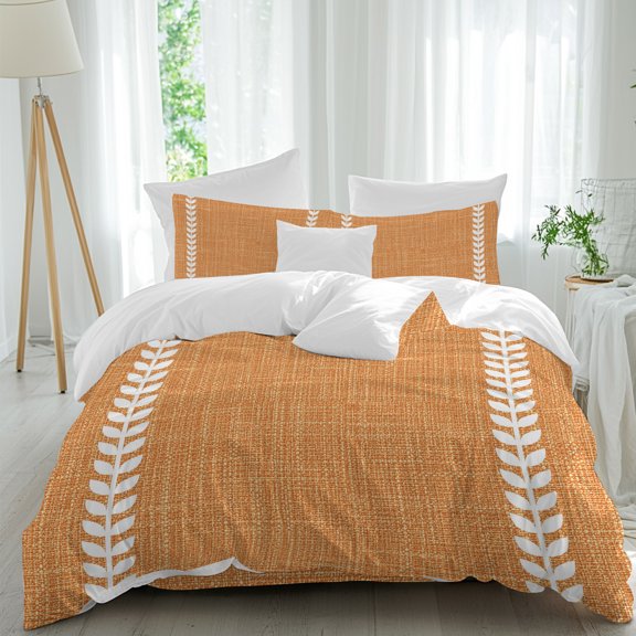 Vintage Orange Bedding Duvet Cover Set California King Size 4 Pieces, Country Pastoral Farmhouse Minimalist Leaf Stripe Bedding Set, 1 Comforter Cover 96x104 Inches 1 Flat Sheet & 2 Pillow Cases