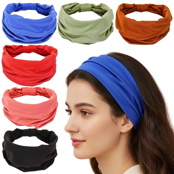 6 Pack Wide Headbands for Women Non Slip Soft Elastic Hair Bands Yoga Running Sports Workout Gym Head Wraps, Knotted Cotton Cloth African Turbans Bandana (with 6 Pcs Hair Ties)
