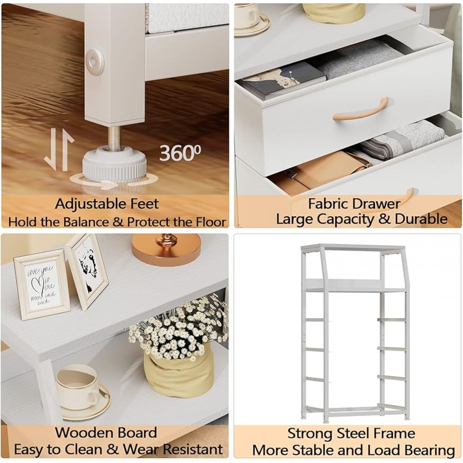Tall 5 Drawers Dresser, Vertical Storage Tower for Bedroom, Hallway, Entryway, Nursery, Closet Organizer, Nightstand Bedside Table Furniture, Sturdy Steel Frame, Wood Top