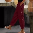 thumbnail image 2 of Ladies Casual Pants Buttons Solid High Waisted Wide Leg Drawstring Elastic With Pockets Woman Pants Wine XL, 2 of 4