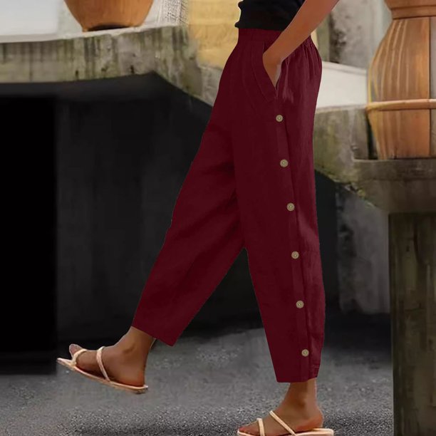 WILLBEST Pantalones Casuales para Mujer, con Botones, Cintura Alta, Pierna Ancha, Elásticos, con Cordón, Cómodos, Rectos, Largos, con Bolsillos. Mediana