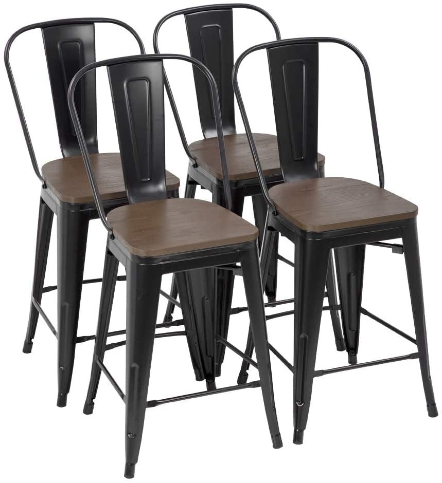 Bronze FDW Metal Bar Stool Set of 4 Counter Barstool with Back 24 Inches Wood Seat Height