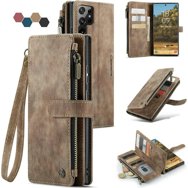 Para Samsung Galaxy S22 Ultra 5G Funda tipo billetera con Tarjetero Soporte de Pie Bolsillo Magnético con Cremallera Correa de Cordón, Funda Tipo Billetera de Cuero con Tapa