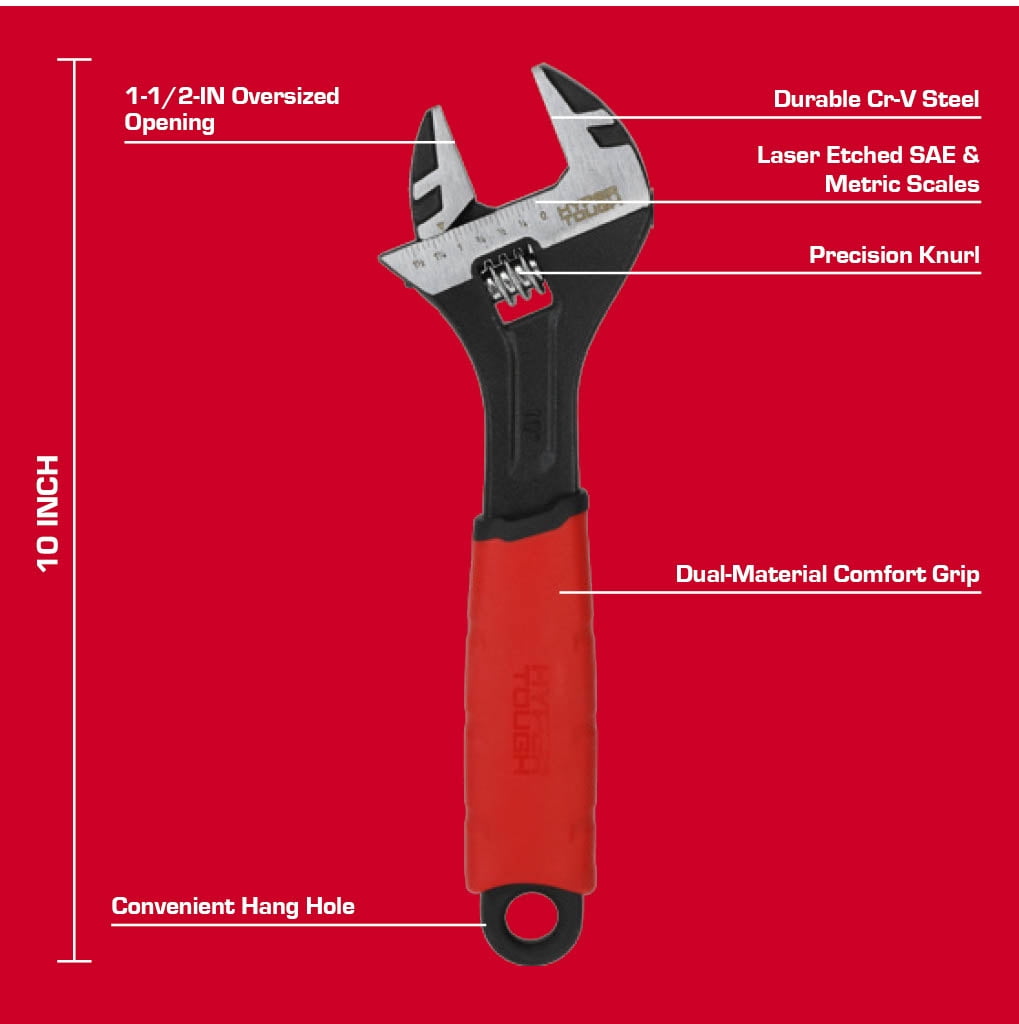 Hyper Tough 10-inch Wide Jaw Adjustable Wrench, Dual Material Comfort Grips