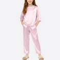 thumbnail image 2 of BLVB Girls Satin Pajama Set Kids Silk 3/4 Sleeve Loungewear Sleepwear Nightwear Wide Leg Pant Pull on 2 Piece Teen Pjs Set 5-14Y, 2 of 5