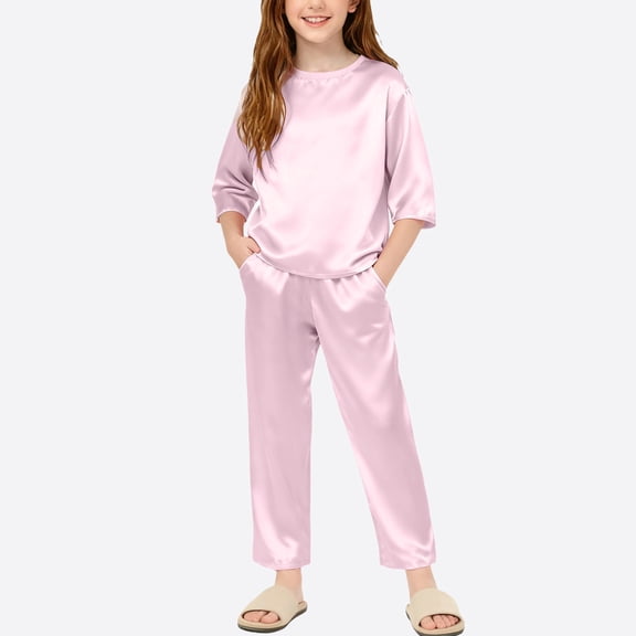BRGZLK Girls Homewear Set Solid Color Soft Comfy Imitation Silk Long Sleeve Round Neck Top Shirt and Long Pants Loungwear Two Pieces Set Pink 5-6 Years