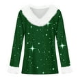 thumbnail image 4 of Women's Christmas Tops Long Sleeve V Neck Pullover with Faux Fur Trim and Star Print Casual Loose Fit Christmas Clothes Dark Green XL, 4 of 4