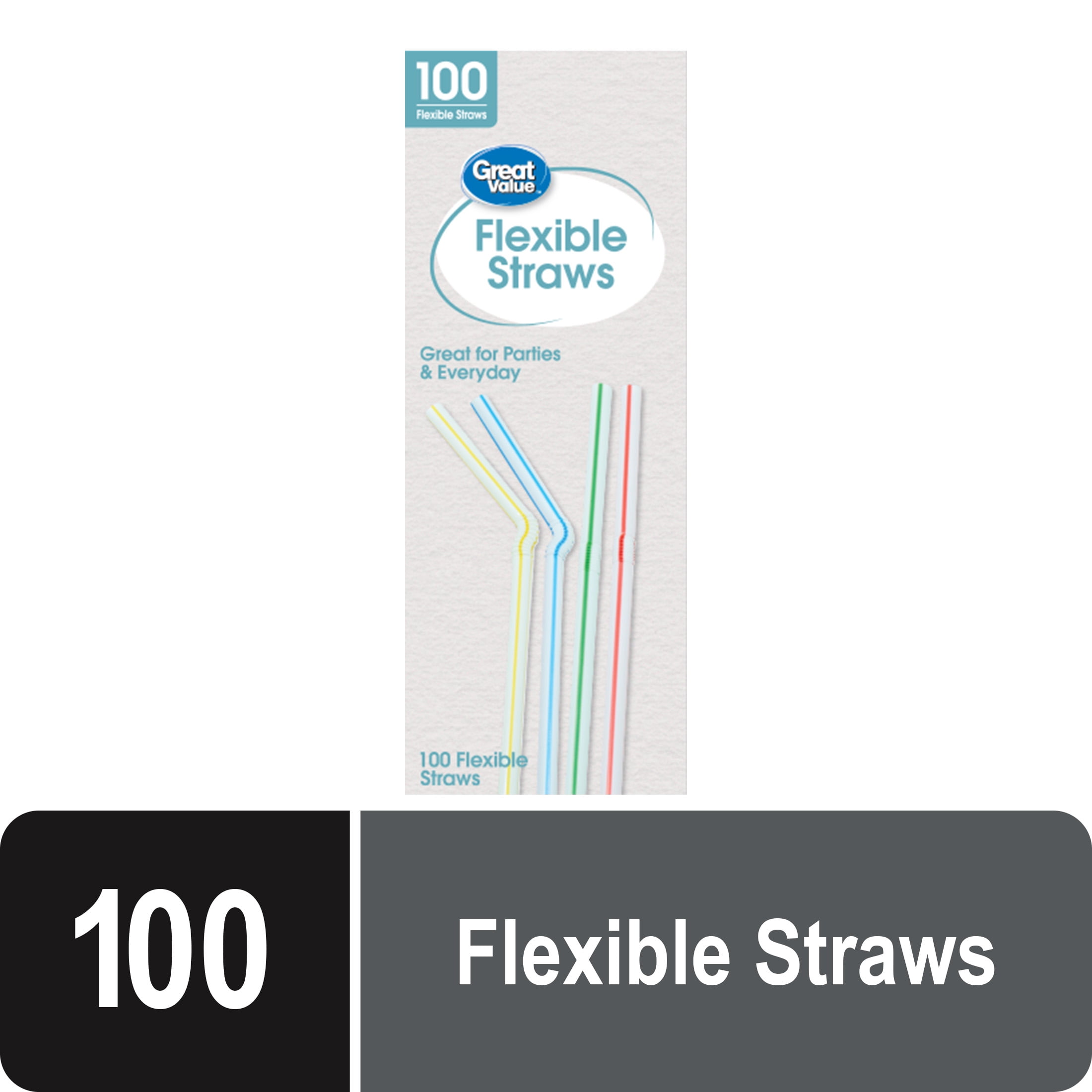 (4 pack) Great Value Plastic Disposable Flexible Straws, Multi-Color, 100 Count