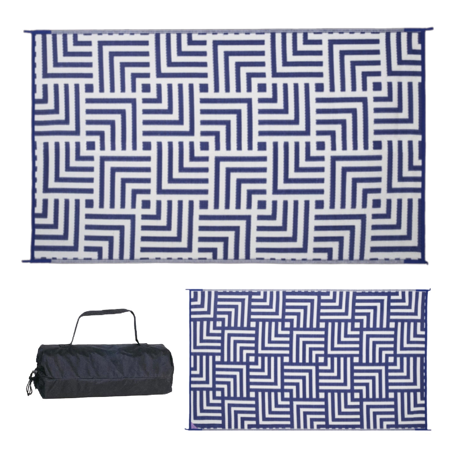 Reversible Mat 5x8 Foot Outdoor Polypropylene Pattern Patio Rug, Navy Blue/Beige