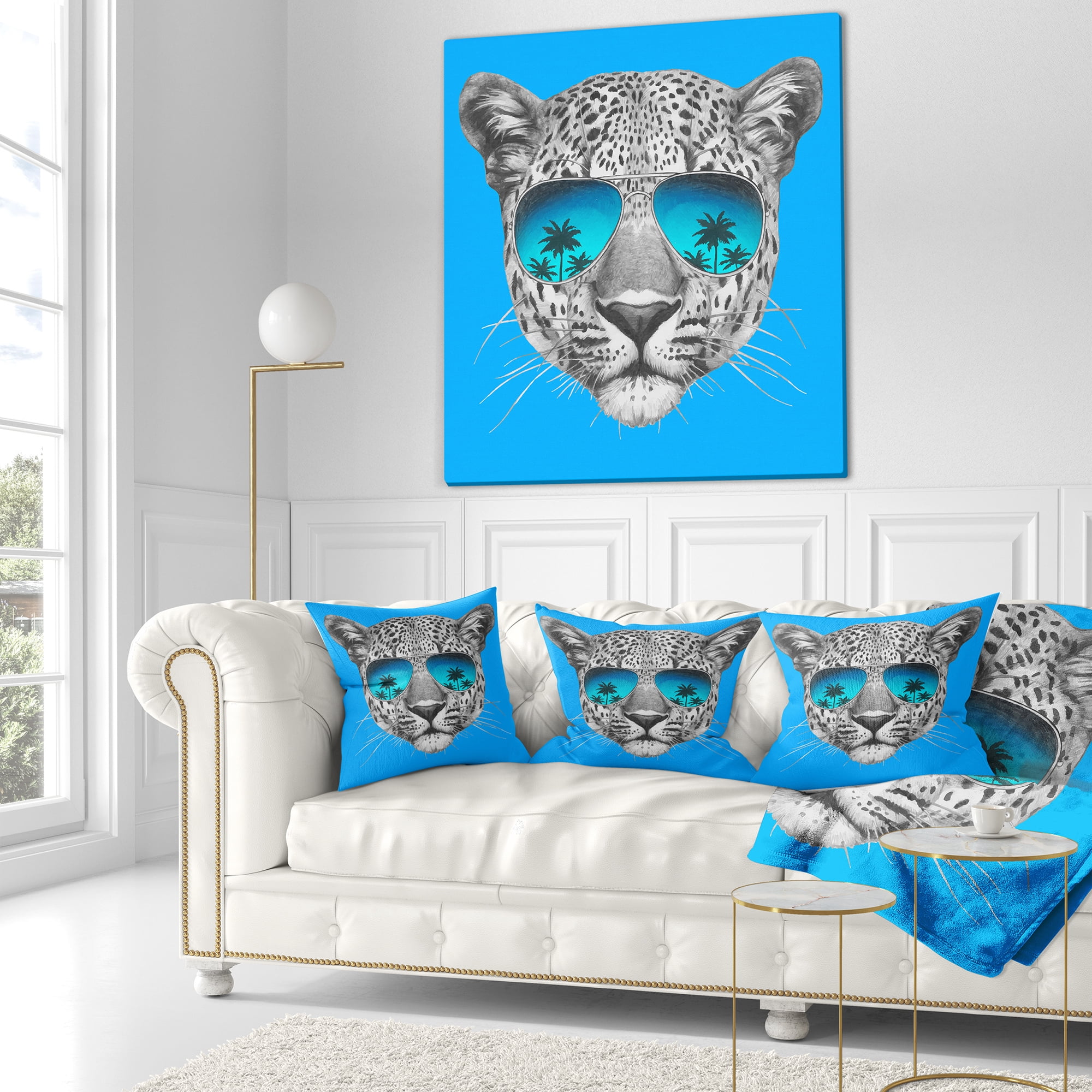 Designart Leopard with Mirror Sunglasses - Animal Throw Pillow - 18x18