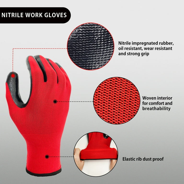 Green Nylon Work Gloves with Black Nitrile Ribbed, 12 Pairs Green Nylon Work Gloves with Black Nitrile Ribbed, 12 Pairs