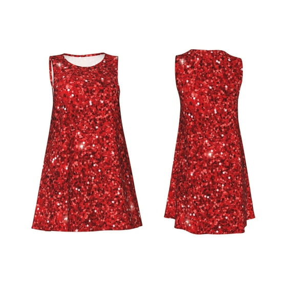 Horeoi Red Glitter Print Women's Sleeveless Dress Cotton-like Flared Hem Deep Side Pockets Above-Knee