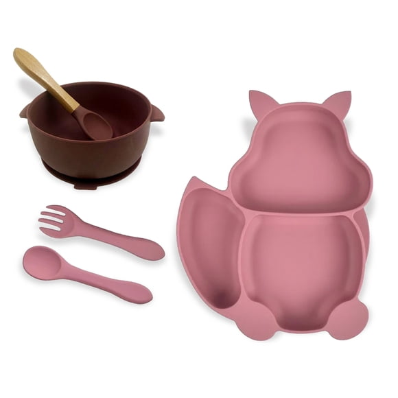 Plato con cubiertos de silicona Match & Enjoy Vajilla de Ardilla Rosa