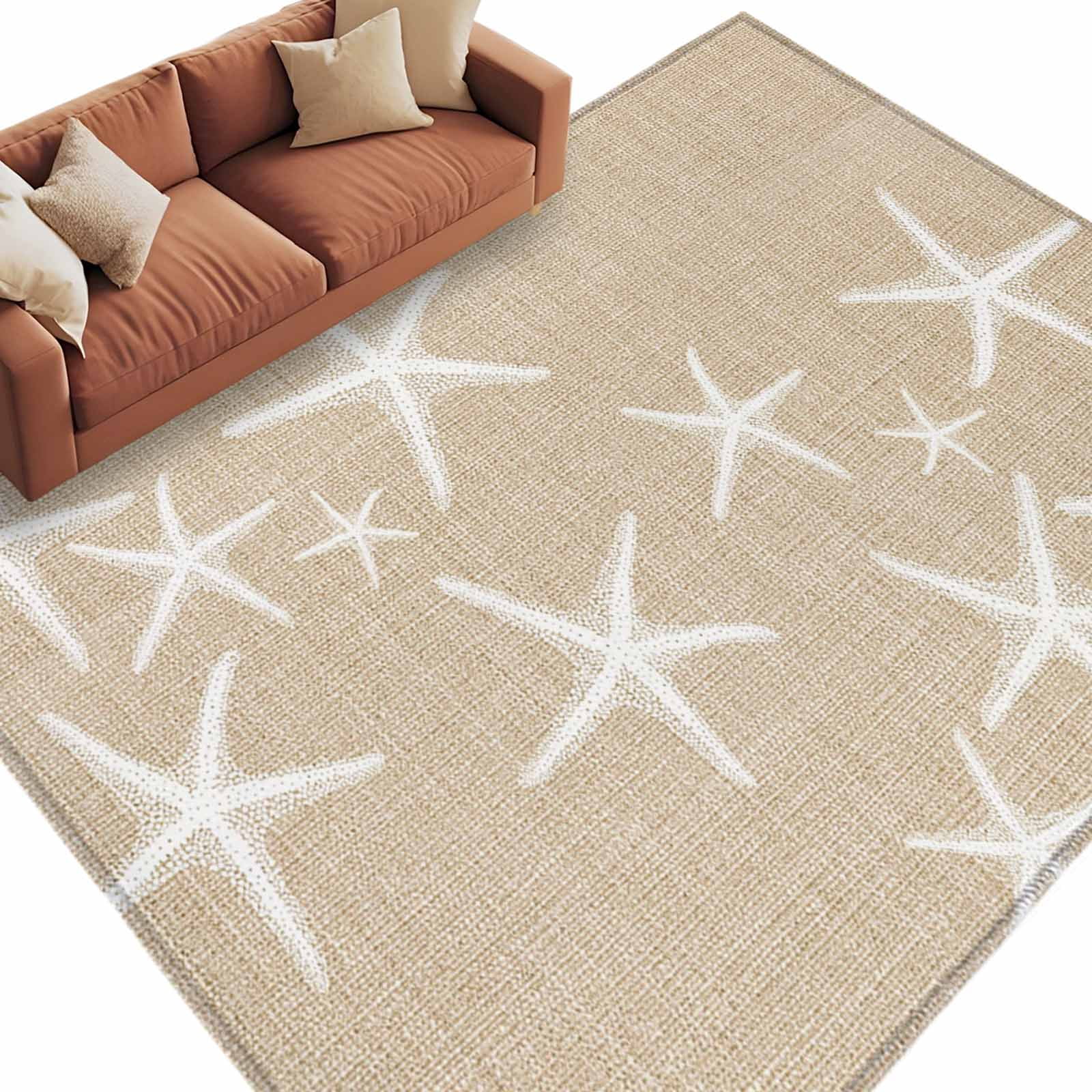 Rectangle Area Rugs 8 x 10 Ft, Coastal Starfish Non-Slip Residential Carpet, Summer Ocean Waves Ombre Sea Beige Indoor Crawling Mats Runner Rugs for Living Room/Dining Room/Bedroom