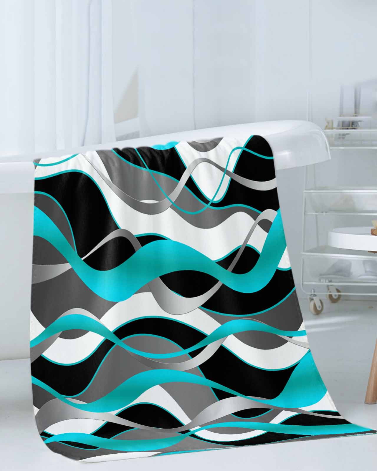 Aqua Stripe Bath Towels for Bathroom Set,Luxury Microfiber Towels Gifts for Women,Beach Kitchen Hand Hair Face Towel and Dish Washcloth,Ombre Grey Moire Geometric Modern Abstract Towels+Set