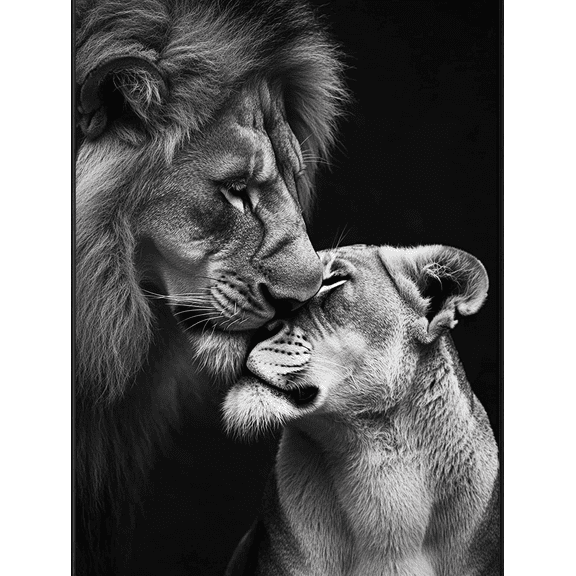 Lion and Lioness Love Decor Art/Canvas Print， Suitable for Living Room， Bedroom， Office， Hotel， Dining Room， Coffee Shop， Study Room， Hallway， Apartment Decor， Black and White Lion Family Art