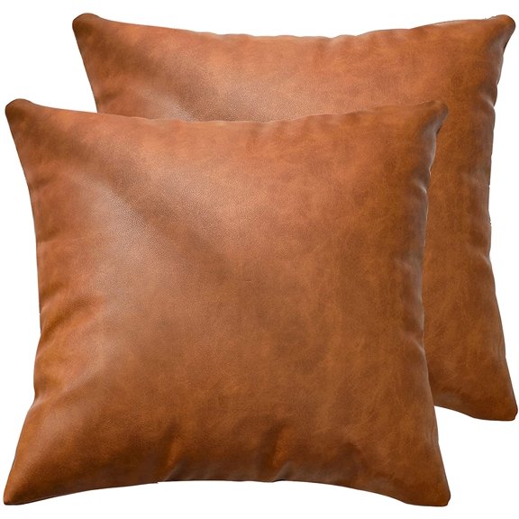 Modern Country Decor for Bedroom & Living Room Brown Faux Leather Farmhouse Lumbar Pillows, 12x20 Inch Set of 2