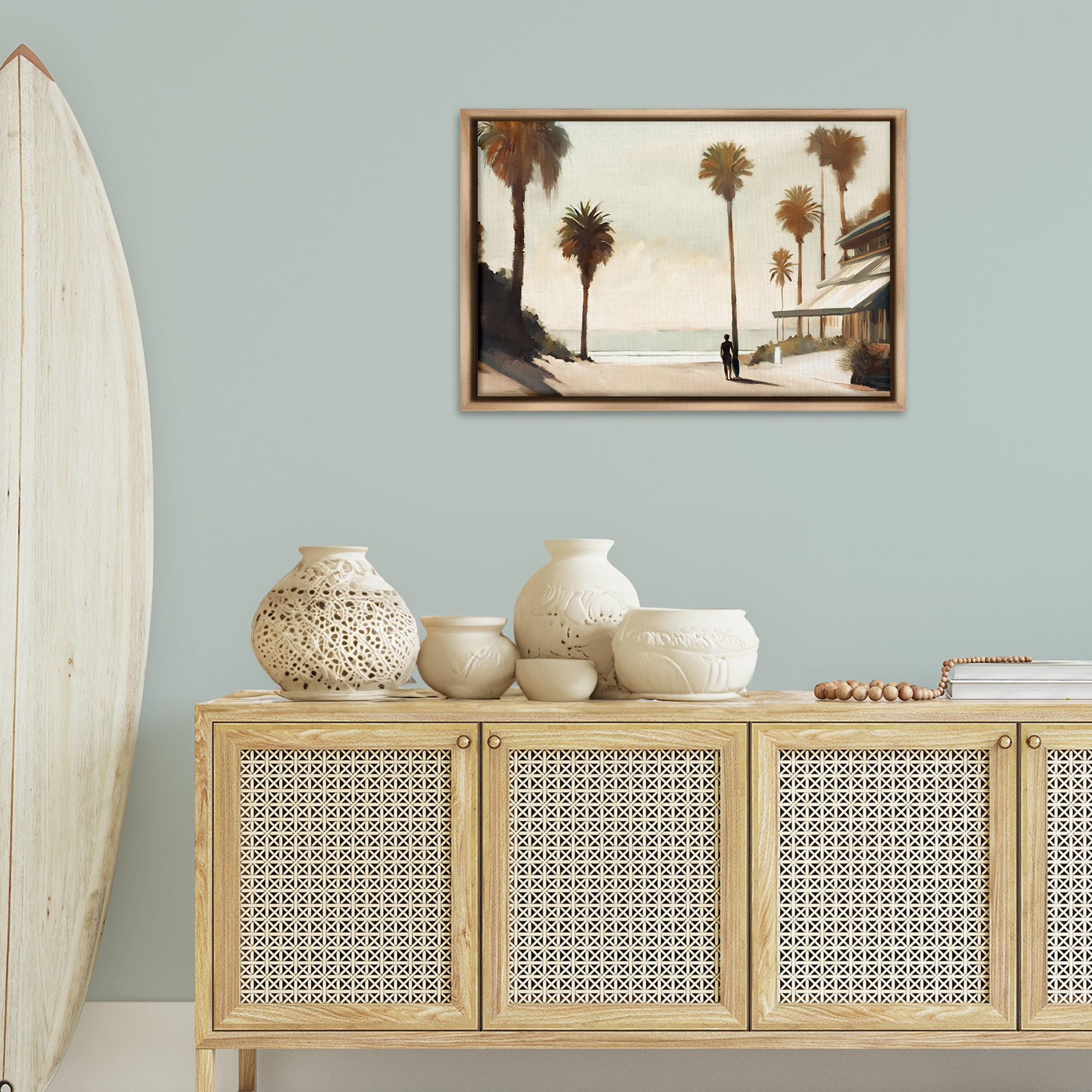 Stupell Industries Tropical Café Del Mar Landscape & Nature Painting Brown Floater Framed Canvas Art Print Wall Art, 31 x 21