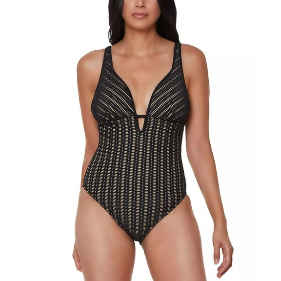 Bar III BLACK Plunging Crochet One-Piece Swimsuit, US Small