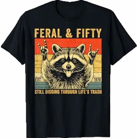 Funny 50th Birthday Est 1976 Feral & Fifty Raccoon Graphic T-Shirt