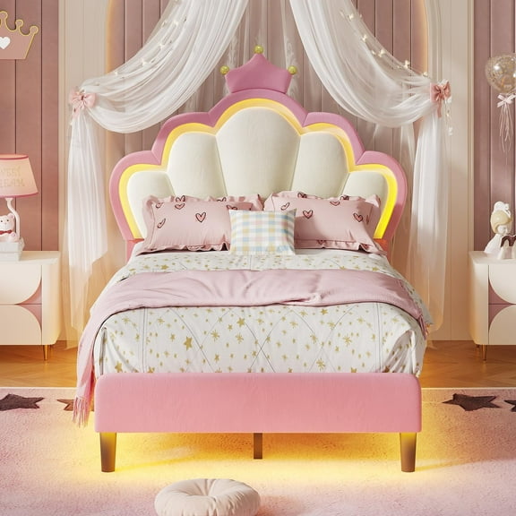 Afuhokles Twin Size Bed Frame with LED Lights and Princess Crown, LED Velvet Upholstered Platform Bed Frame with Adjustable Headboard, Pink