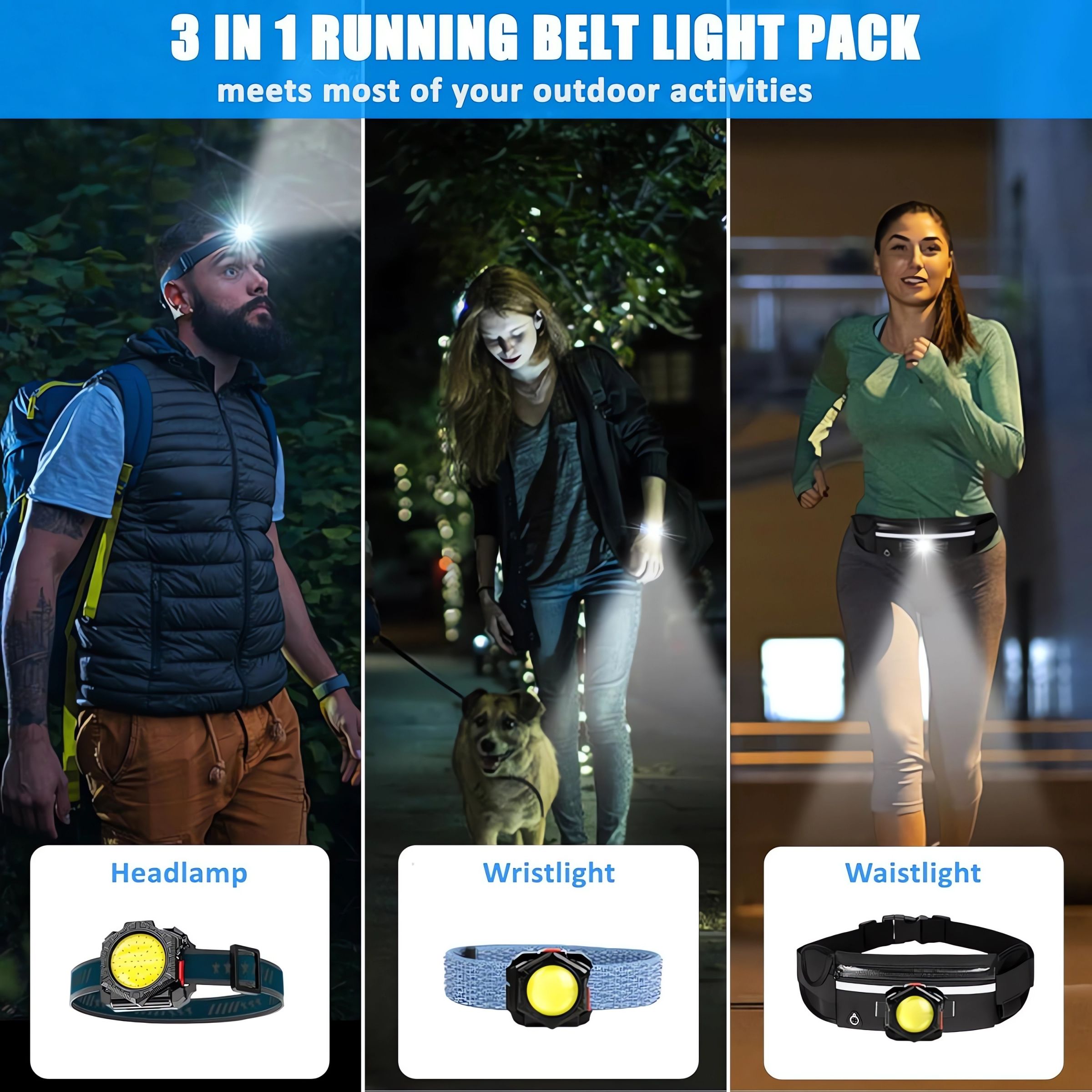 QPAZ 3-in-1 Running Lights Fanny Pack - Super Bright COB Headlamp, Wrist & Waist Light with USB Charging, Adjustable Belt for Night Running, Walking, Hiking