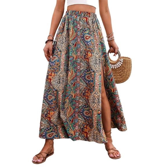 LYMAYTER Women's Print Long Skirt High Waist Slit Skirts Summer Boho Maxi Skirts for S-XL