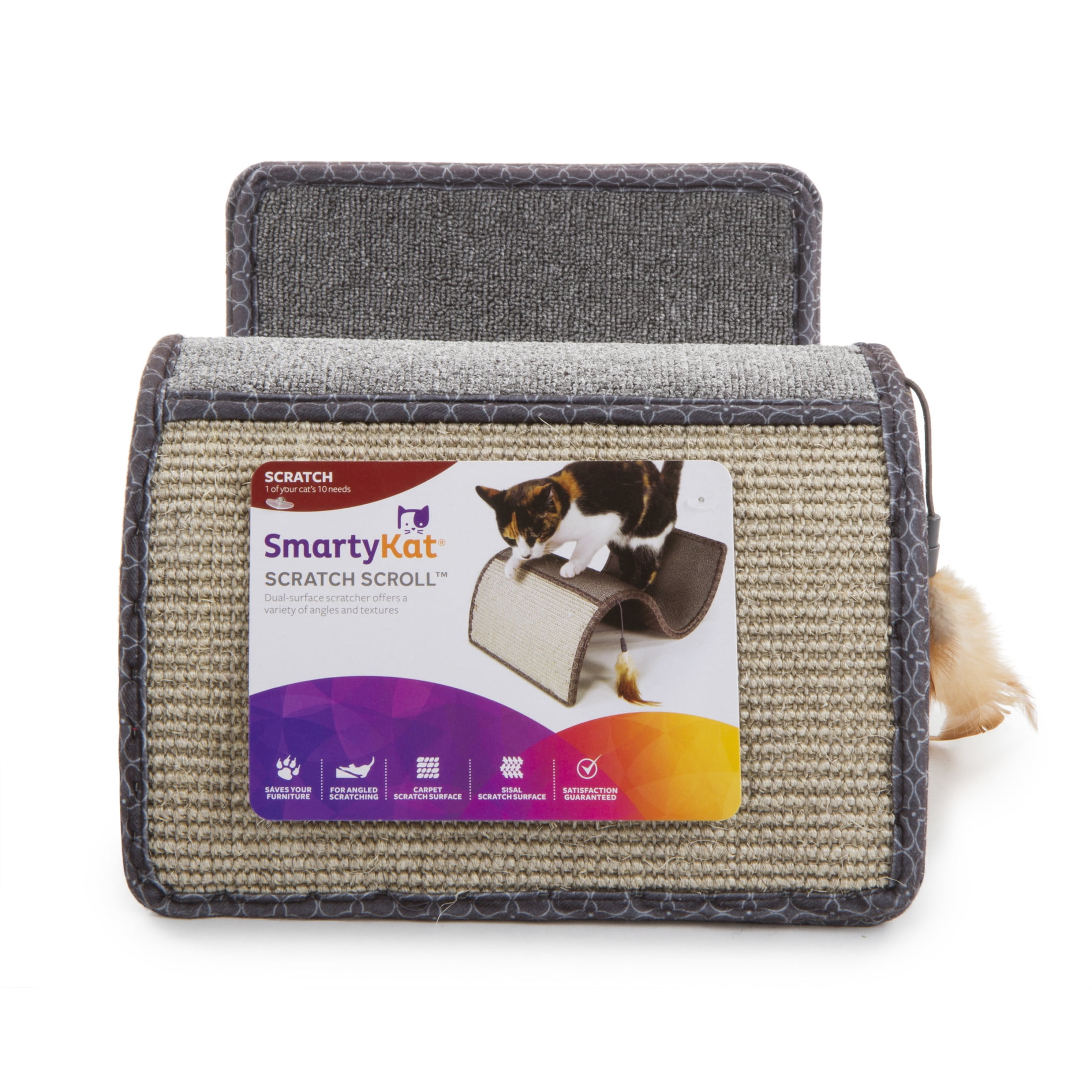 SmartyKat Scratch Scroll Sisal & Carpet Curled Cat Scratcher for Indoor Cats & Kittens, Features Feather Toy for Play, Looped Carpet Material, Gray