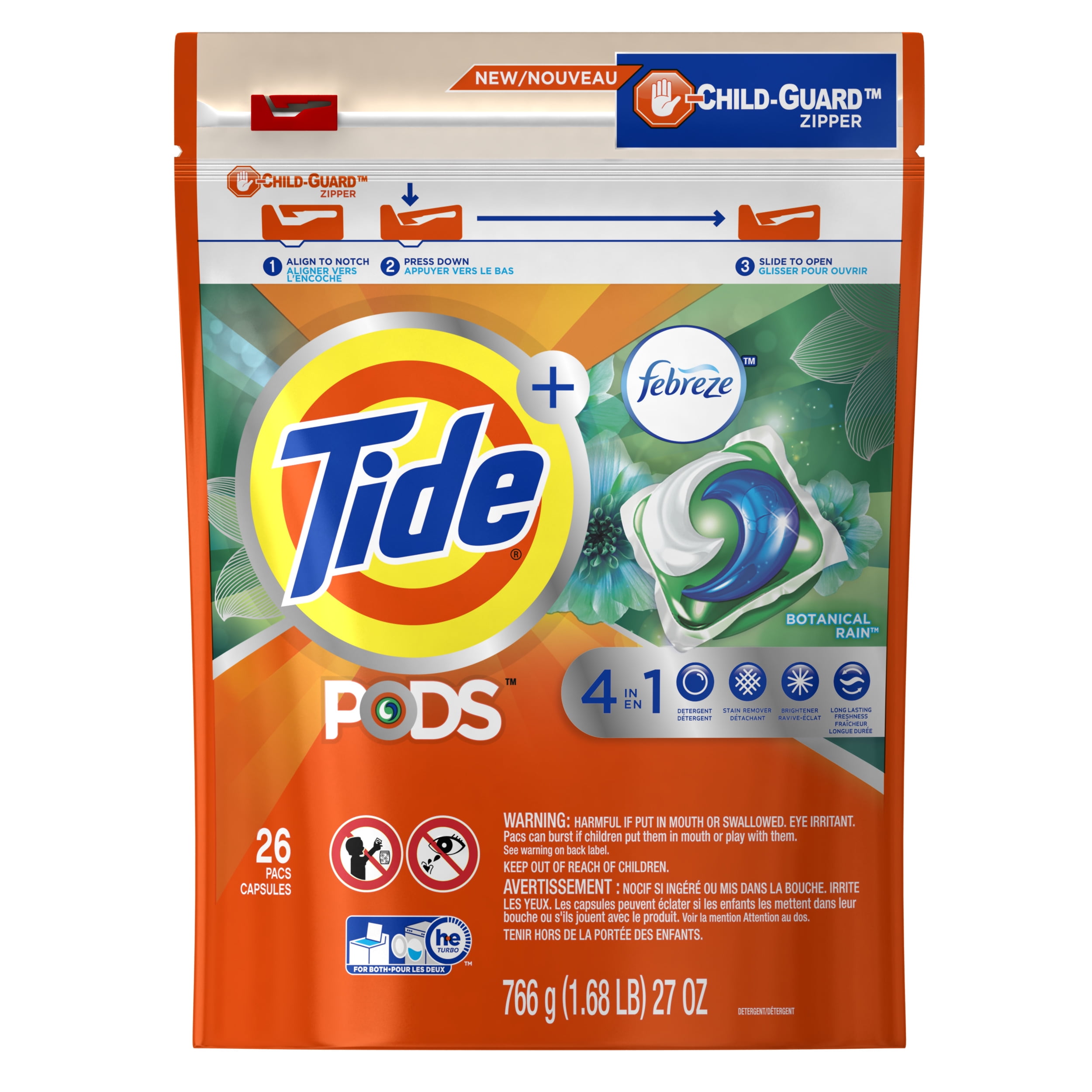 Tide PODS Liquid Detergent Pacs with Febreze, Botanical Rain, 26 Count