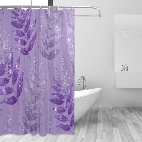 Purple Background Glitter Fern Background Shower Curtains with 12 Hooks Waterproof Bathroom Decor 66" x 72"