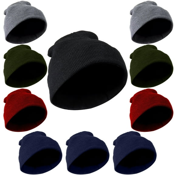 10 Pack of Bulk Wholesale Kids One Size Stretch Knit Beanie Skull Hats for Fall, Winter, Snow, Wind, Rain & Charity Donation in Black, Gray, Red, Navy Blue and Green