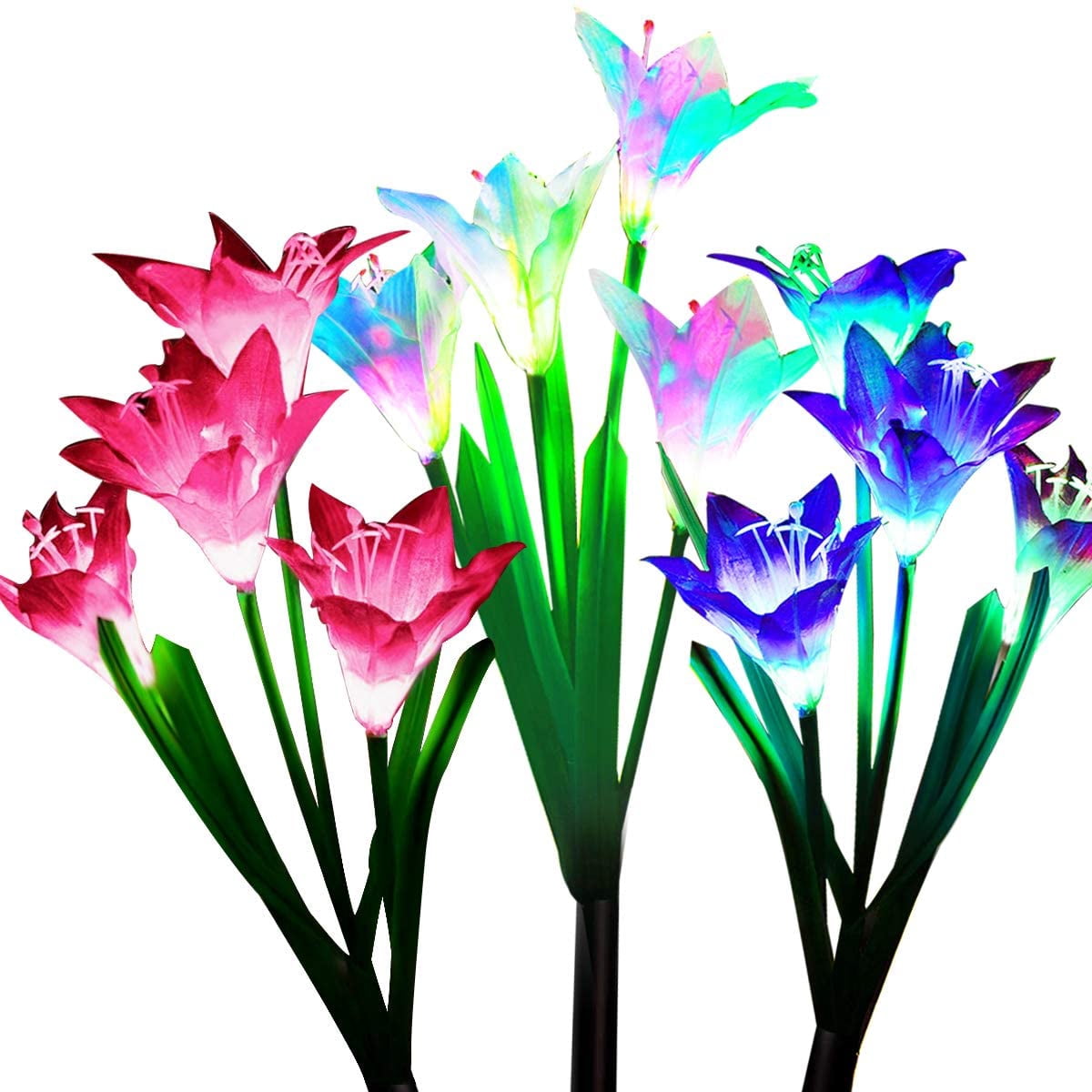 Outdoor Solar Garden Stake Lights,3 Pack Solar Powered Lights with 12 Lily Flower, Multi-Color Changing LED Solar Landscape Lighting Light for Garden, Patio