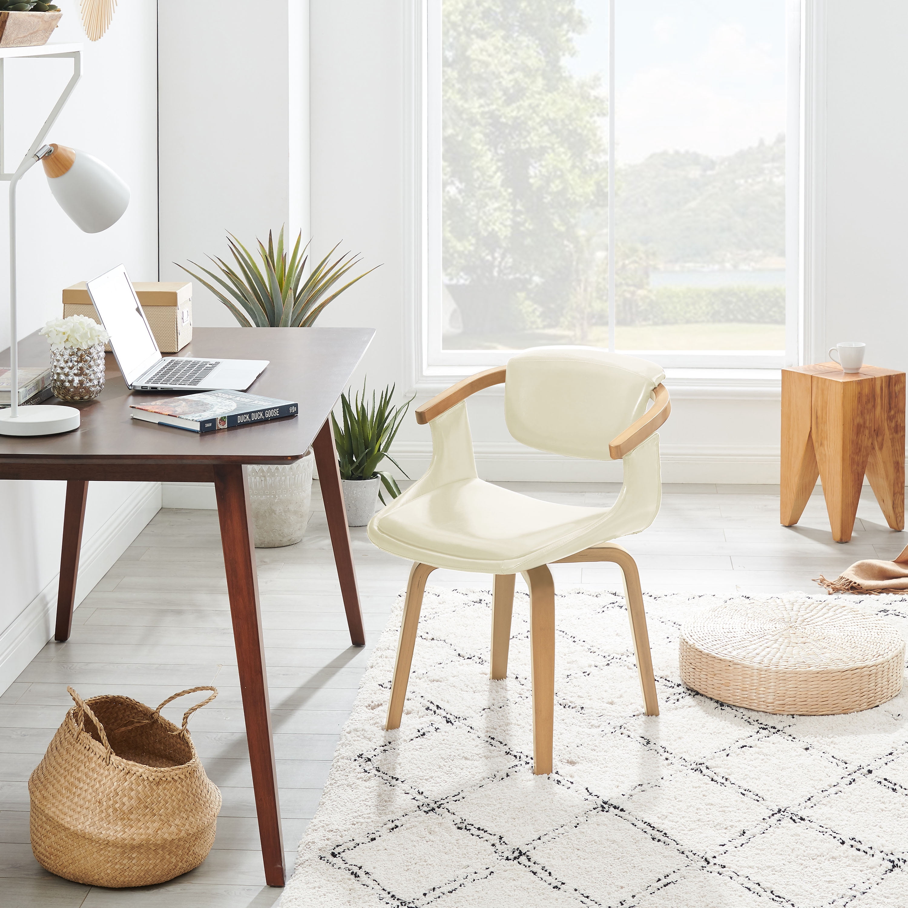 Art Leon Office Chair, Faux Leather Swivel Desk Chair with Wood Legs, Off-white