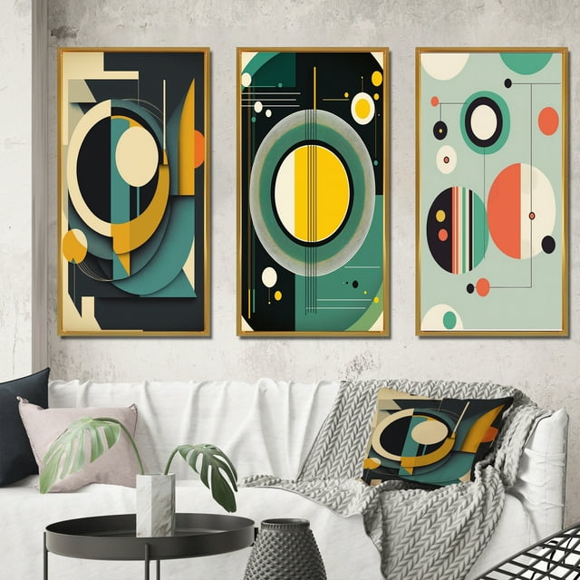 Designart "Retro Dimensions of the Mid-century Era I" Modern Midcentury Framed Wall Art Set Of 3 - Blue Abstract Midcentury Frame Gallery Set For Office Decor