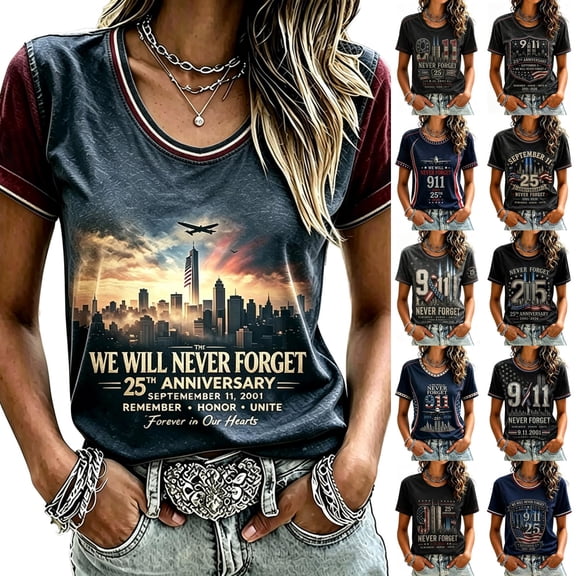 9/11 25th Anniversary Shirt Womens WE Will Never Forget Tee Shirts | Lightweight Fabric, V Neck Short Sleeve Tops, American Flag, 2001-2026 25Th Anniversary Tops, Patriotic Honor Tee Shirt,L