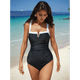 thumbnail image 5 of Trajes de Baño de una Pieza para Mujer, con Bloques de Color, Adelgazantes, Control de Abdomen, Traje de Baño de Cobertura en V. Negro XL, 5 of 9