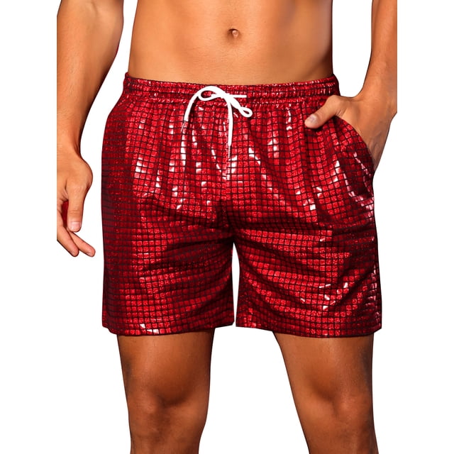 Pantalones Cortos Metálicos Inspire Chic para Hombre con Cintura Elástica y Cordón, Cortos Holográficos de Cuadros Calientes 34 Rojos