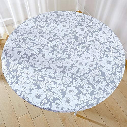 Jilimeli Vinyl Elastic Table Cover With Flannel Backing Round Waterproof Gray Fl Design Inch Large Fitted Tablecloth Indoor Outdoor Dining Com Jilimeli Vinyl Elastic Table Cover With, Large Round Outdoor Tablecloth